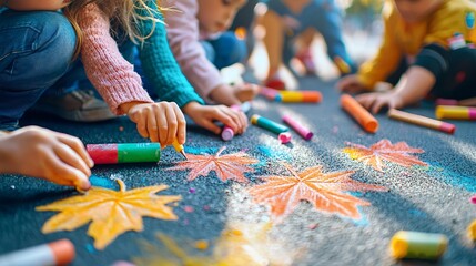 Obraz premium Canada Day and celebration Concept. Children Using Chalk to Create Colorful Art Outdoors