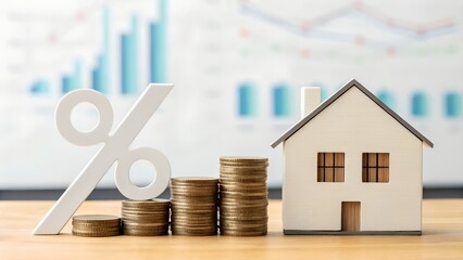 Lower mortgage interest rates mean afable homeownership; this image shows a descending percentage sign next to a house model and stacks of coins illustrating lower costs and