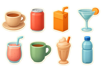 Colorful 3d drink icons set featuring coffee, soda, juice, and more