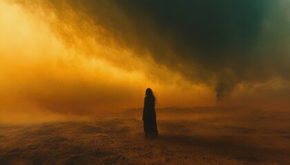 A solitary figure confronts a dramatic dust storm.
