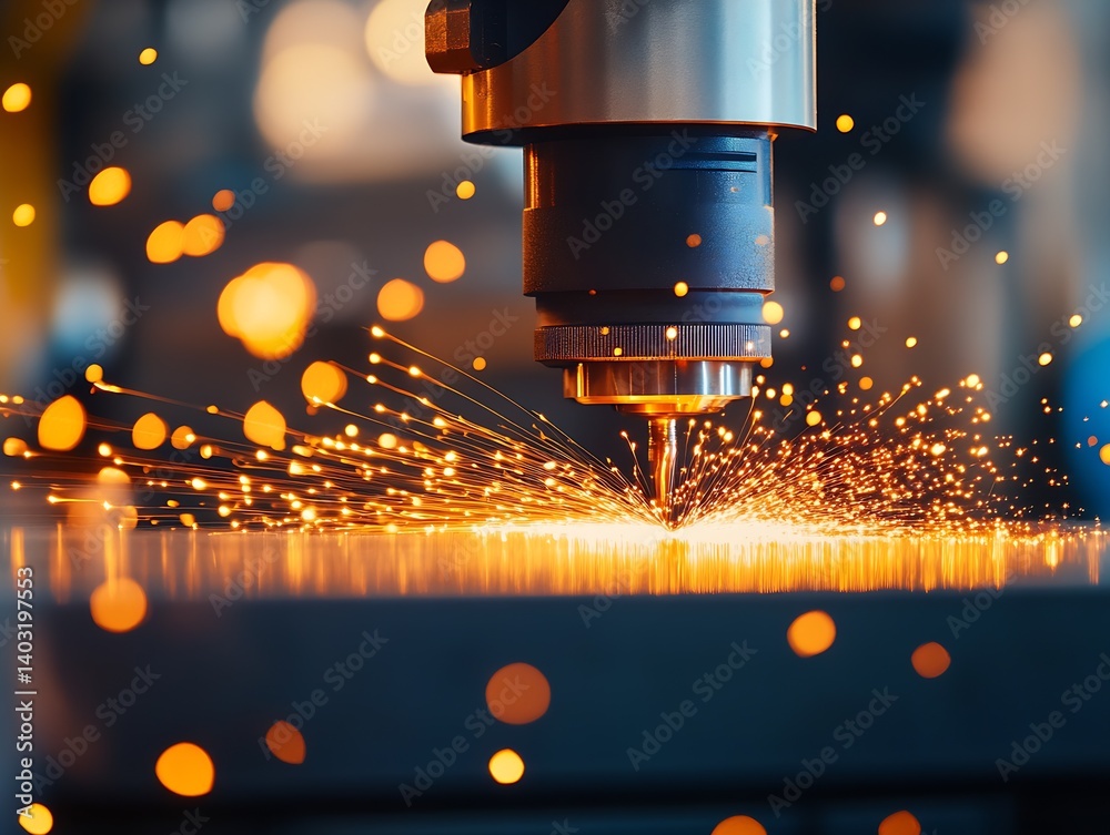 Aufkleber close-up view of laser cutting tool producing dazzling sparks in manufacturing setup : generative ai