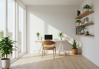 Bright interior with desk chair laptop plants shelves and large windows in a minimalist style room