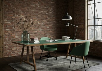 A modern home office setup with green desk chairs and a brick wall backdrop and natural lighting