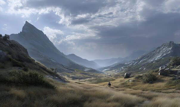 Vast valley landscape with a lone traveler and dramatic mountains