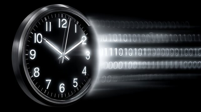 clock with glowing numbers and hands, with binary code streaming out from the right side, symbolizing the concept of time and digital data