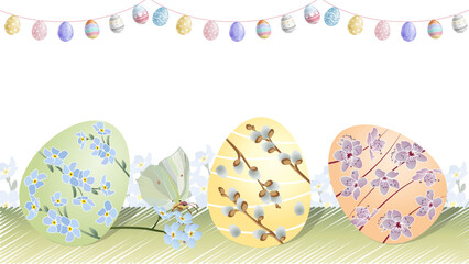 Elegant Easter still life with three decorated eggs (floral, willow), a butterfly, and hanging egg garland. Soft spring colors and delicate details. © EfGraphic.