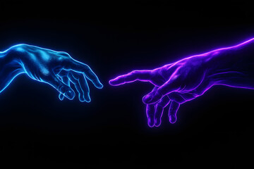 Digital Touch: Two neon-glowing hands reach out to each other, A digital reimagining of classic artwork that signifies connection and the boundless possibilities of the digital age.  
