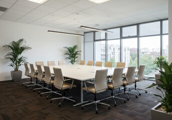 Obraz premium Conference room with large table and chairs near windows and plants in a modern office space