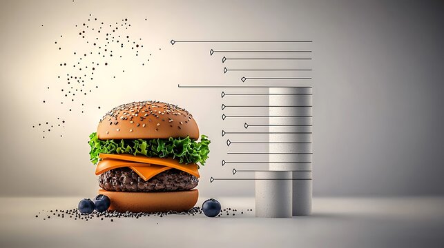 A gourmet hamburger with cheese and lettuce placed beside a stylized representation of data analysis - Powered by Adobe