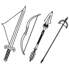 RPG weapon icon set vector illustration, vector fantasy game sword collection, dungeon dragon battle attack object kit: magic sorcerer staff, warrior dagger, medieval bow, arrow, 