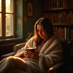 Instant cocooning d&rsquo;une femme lisant au coin d&rsquo;une fen&ecirc;tre, ambiance hivernale