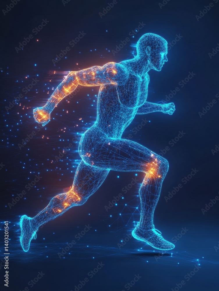 Leinwandbilder Runner silhouette with glowing digital wireframe mesh in motion showcasing muscular definition and energy during a high-speed sprint at dusk