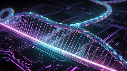 Computer  Circuit  Board . Metallic DNA Strand with Glowing Circuits – AI-Biology Fusion on Motherboard – Futuristic Sci-Fi and Technology Concept Art.