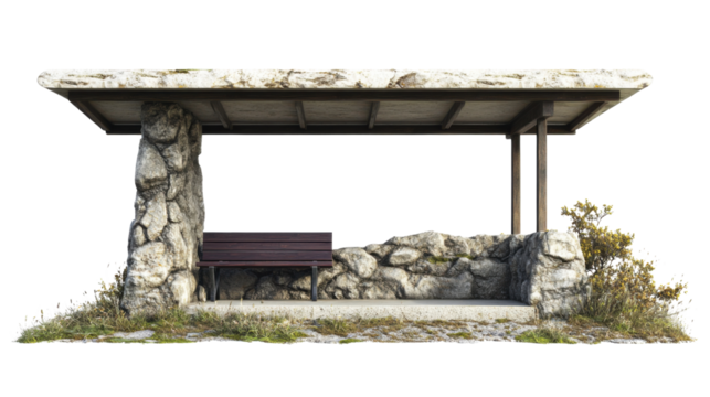 Stone Bus Shelter: Rustic stone bus shelter with bench. Perfect for travel, transportation, or nature scenes.