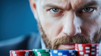 Close-up of a focused man with a beard studying colorful poker chips, conveying tension and concentration in a gaming environment.