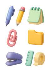 3d office icons set: pens, notebook, folder, link, stapler, ruler, tape