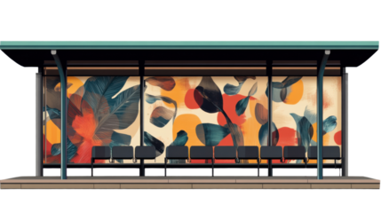 Urban Transit Shelter with Mural: A contemporary bus shelter with a vibrant mural, creating an eye-catching focal point within an urban environment.