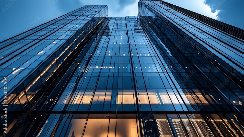 Poster elegant view of a sleek glass high-rise capturing the twilight ambiance and glowing lights : generat