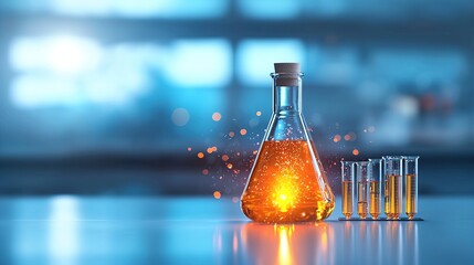 A glowing laboratory flask surrounded by test tubes, depicting a vibrant scientific experiment with orange liquid and sparkles.