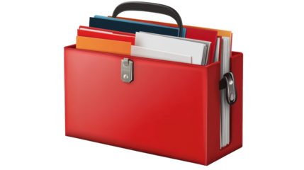 Red Briefcase Full of Documents: A professional red briefcase, meticulously organized with documents of various sizes, ready for crucial meetings or projects.