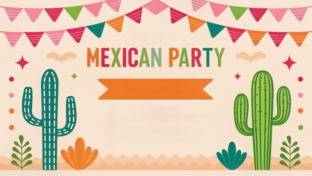 Colorful Mexican party banner featuring cacti and decorative elements, perfect for festive occasions.