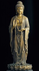 Obraz premium A glowing golden Buddha statue holding beads in his hand, radiating light from his body, created by ai