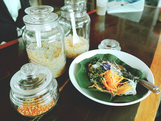 Thai Salad with Condiments on a Wooden Table, Food