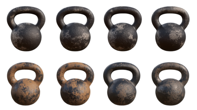 Strength in Steel: A set of weathered kettlebells, each displaying unique textures of time and use. Representing resilience and the pursuit of physical betterment.