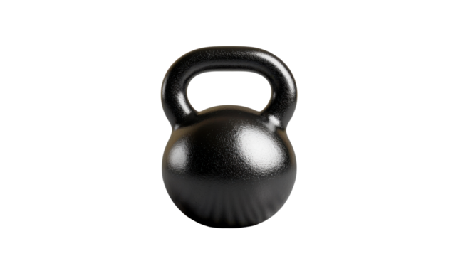 Kettlebell's solitary strength: A studio shot of a sleek, black kettlebell isolated, ready for a workout session, with defined curves and powerful presence.