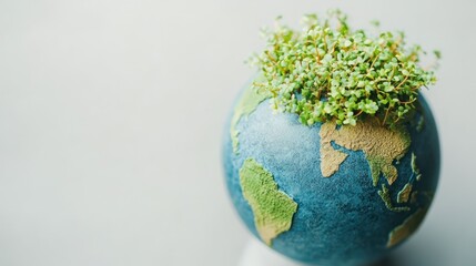 Microgreens sprouting on globe, gray background, environmental concept, sustainable living