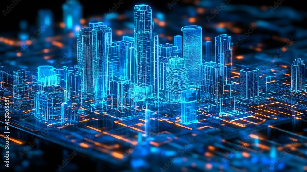 Poster Striking Digital Representation of a Tech-Driven Urban Center with Neon Light Details : Generative AI