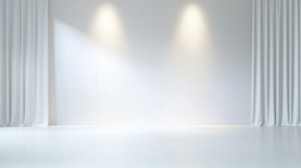minimalist contemporary theater stage features clean white walls and soft lighting, creating serene and elegant atmosphere. space is framed by simple white curtains