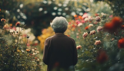 A serene elderly woman contemplates a vibrant rose garden.