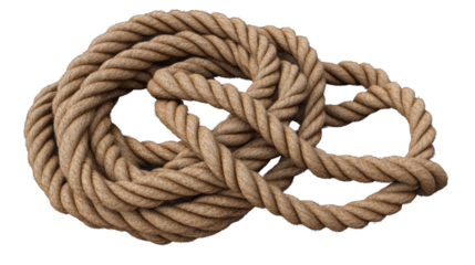 Coiled Rope: A close-up view of a thick, textured rope meticulously coiled, showcasing its intricate pattern and robust construction. The image captures the essence of strength, reliability.