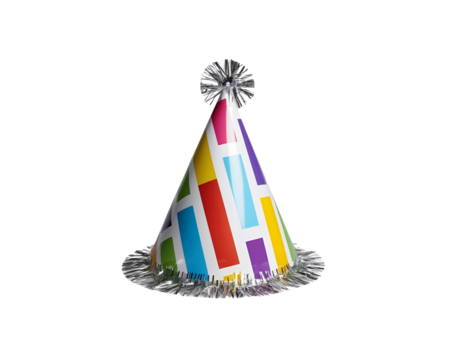Festive red birthday hat with colorful Happy Birthday text and blue tinsel trim and pompom. Ideal for party decorations, celebration elements, and birthday themes against or on transparent PNG.