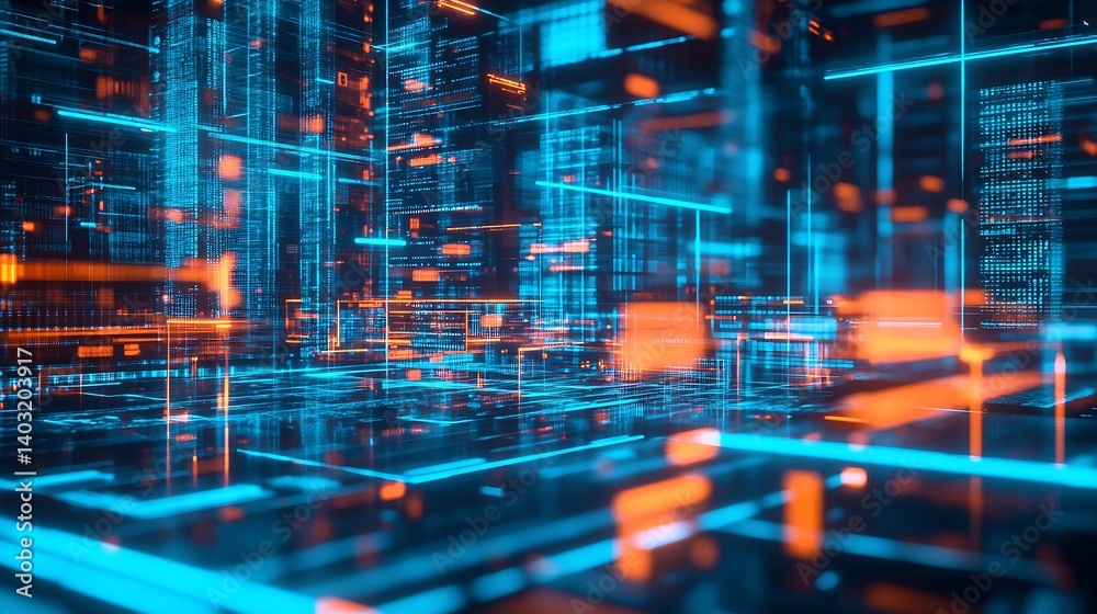 Poster Vibrant futuristic digital city with glowing lines and data structures in blue and orange : Generative AI