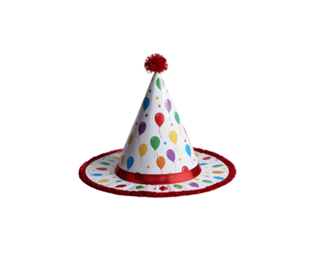 Festive red birthday hat with colorful Happy Birthday text and blue tinsel trim and pompom. Ideal for party decorations, celebration elements, and birthday themes against or on transparent PNG. - Powered by Adobe
