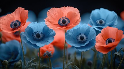Surreal blue and orange poppies blooming in a field.