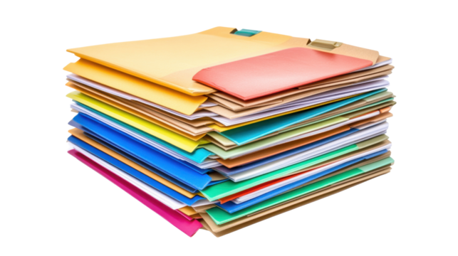 Document Pile: A meticulously organized stack of colorful files, neatly arranged, symbolizing the essence of productivity and systematic information management.