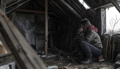 Depressed young woman in a dilapidated attic.