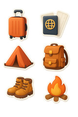 3d travel gear icon set featuring essential camping equipment and accessories
