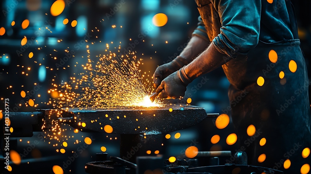 Aufkleber Artisan at the Anvil Generating Bright Sparks in a Professional Blacksmith Shop : Generative AI