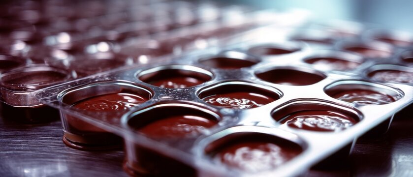 A set of glossy chocolate molds shine under light, showcasing precision and craftsmanship in the creation of these tempting treats.