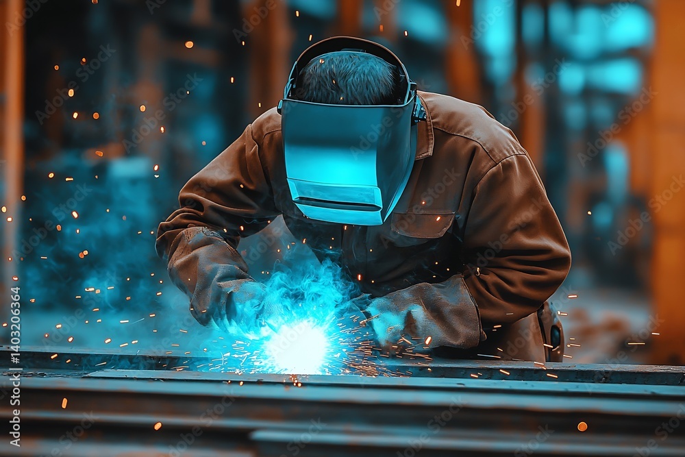 Poster dedicated welder focused on precision welding of metal with vibrant sparks in a workshop : generativ