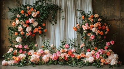Peach and coral rose floral arrangement backdrop.