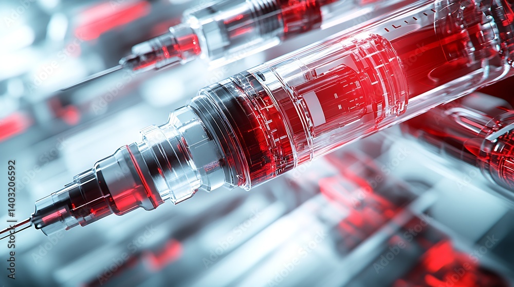 Poster high-tech futuristic syringe with translucent design and vibrant red fluid for medical and technolog