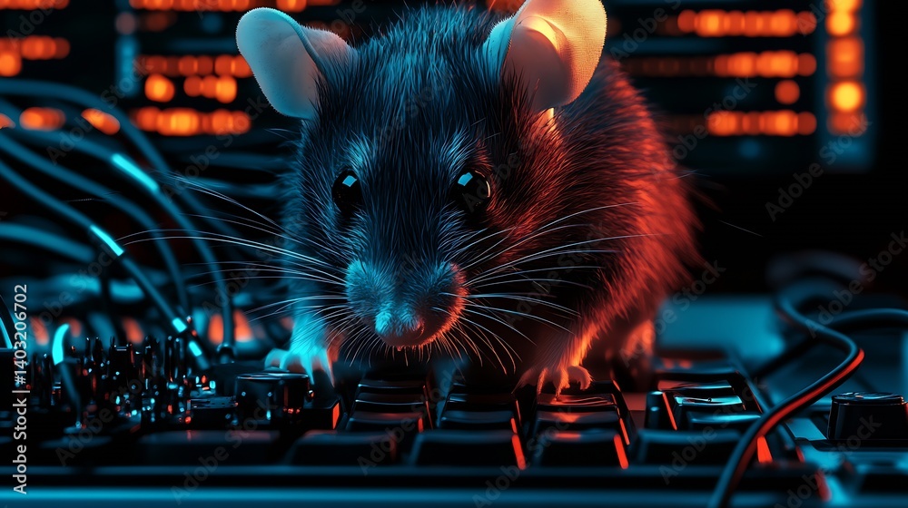 Aufkleber Engaging Mouse on Keyboard with Futuristic Neon Glow Effects : Generative AI