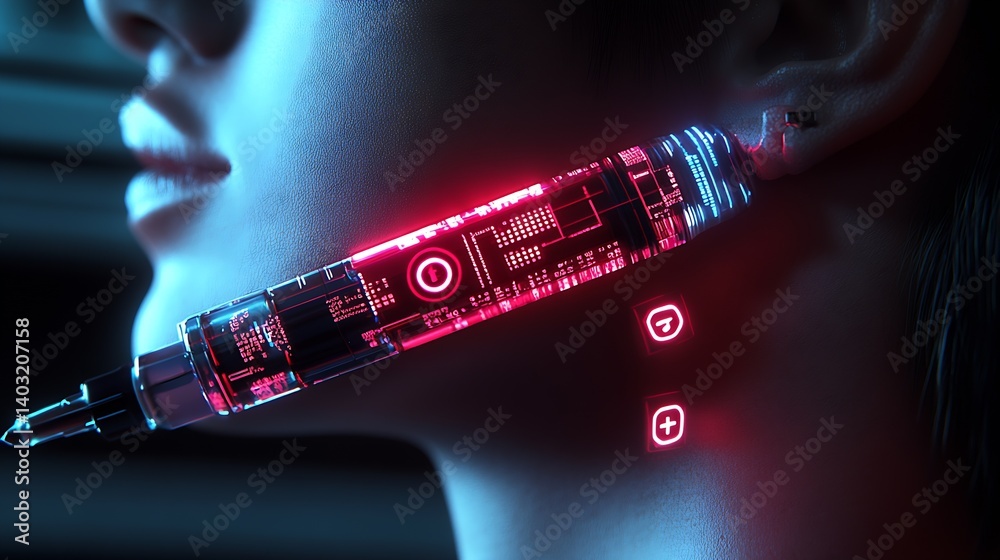 Poster A Digital Syringe with Advanced Technology Injecting Vital Data into a Cyborg's Jaw : Generative AI