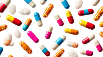 Colorful pills and capsules scattered randomly isolated on transparent background