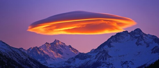 An awe-inspiring lenticular cloud hovers over snow-capped peaks at sunset, painting the sky in ethereal hues of orange and purple.